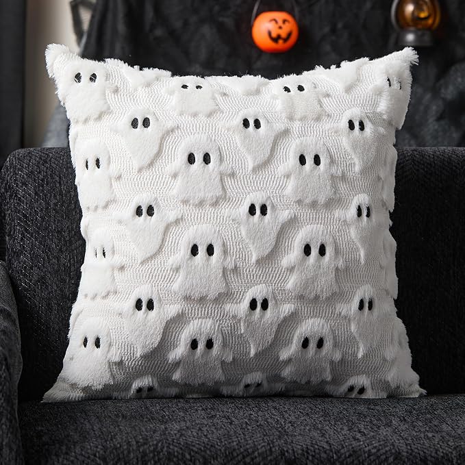 DFXSZ Halloween Pillow Covers 26x26 inch 2Pcs White Ghost Halloween Decor | Halloween Decorations Set of 2 Throw Pillow Cases Plush Faux Fur Wool Cushion for Chair Sofa Bedroom Living Room Home Decor