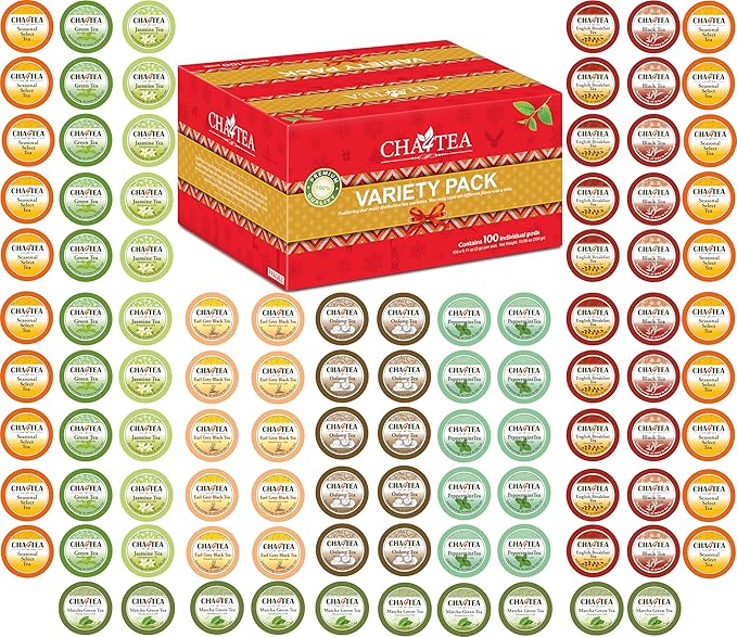 Cha4TEA 100-Count Variety Pack Tea, Compatible with Keurig Brewers, Includes Green, Black, Jasmine, Earl Grey, English Breakfast, Oolong, Peppermint, Matcha Green & 2 Seasonal Select Tea