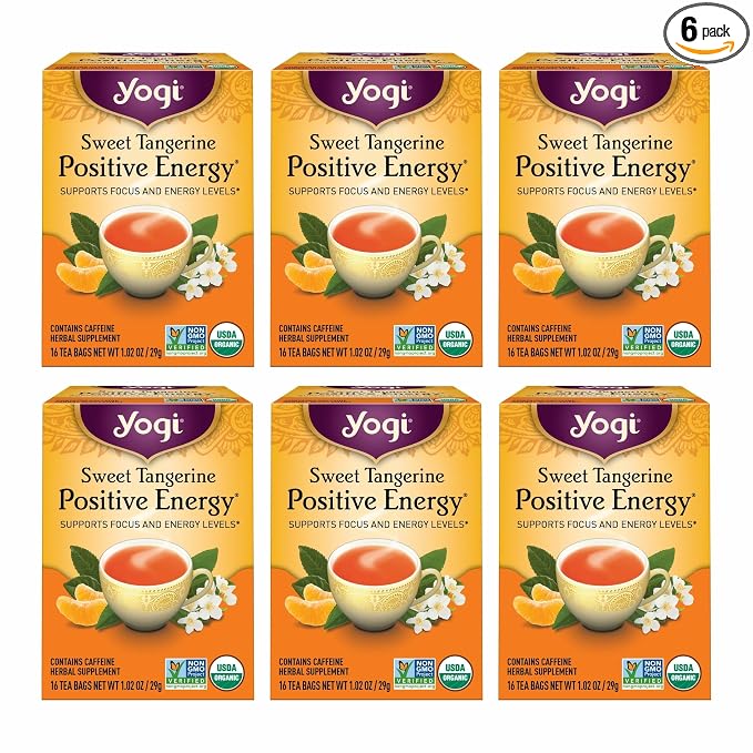 Yogi Sweet Tangerine Positive Energy Tea - 16 Tea Bags per Pack (6 Packs) - Organic Tangerine Energy Tea - Includes Black Tea Leaf, Yerba Mate Leaf, Ashwagandha Root & More