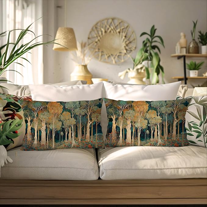 Rustic William Morris Inspired Forest Green Pillow Covers 12x20 Set of 2,Vintage Botanical Nature Landscape Decorative Throw Pillow Covers for Home Bedroom Living Room