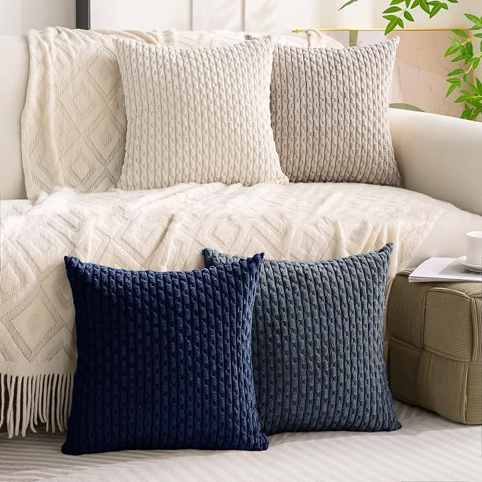 Set of 4 Navy White Taupe Decorative Throw Pillow Covers 18x18 Inch Corduroy Pillow Covers for Bed Couch Sofa Living Room Soft Square Cushion Cases