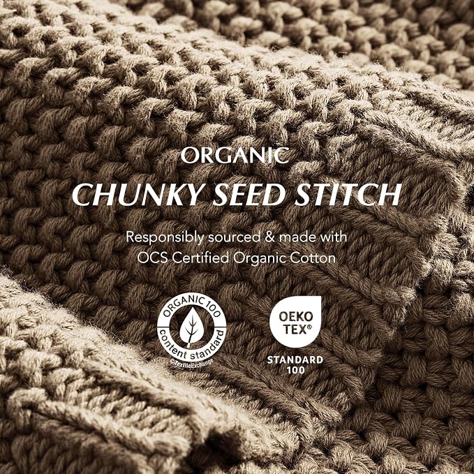 Organic Cotton Chunky Knit Throw Blanket, 50 x 60 Stone Taupe | OCS Certified Organic Cotton, Seed Stitch Knit, Soft & Breathable, Cozy Midweight, Decorative Throw for Couch, Bed & Sofa