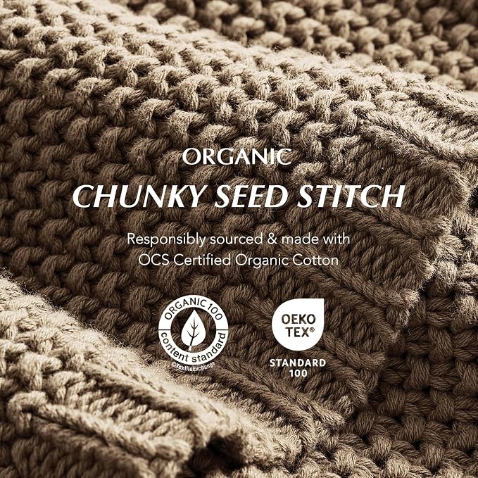 Organic Cotton Chunky Knit Throw Blanket, 60 x 80 Stone Taupe | OCS Certified Organic Cotton, Seed Stitch Knit, Soft & Breathable, Cozy Midweight, Decorative Throw for Couch, Bed & Sofa