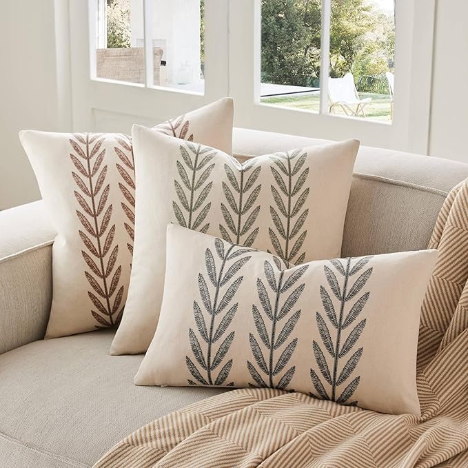 Farmhouse Leaves Throw Pillow Covers Set of 2, 16x16in Black | 100% Organic Cotton, Rustic Accent Print Pillow Case, Pastoral Decorative Cushion Covers for Sofa Bed Living Room Home Decor