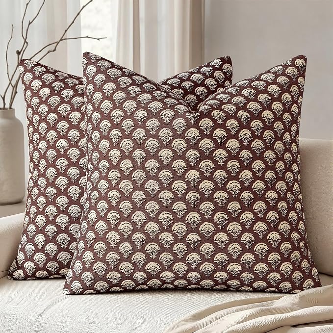 MIULEE Floral Print Decorative Pillow Covers 20x20, Withered Rose | Vintage Boho Farmhouse Modern Home Decor, Set of 2, Block Print Cushion Covers for Couch Sofa Bed Living Room