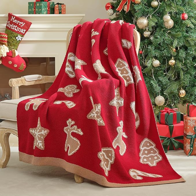 Christmas Knit Throw for Couch, Reversible Soft Cozy Chenille Blanket for Home Decor Gift for Family, 50" x 60", Christmas Gingerbread Cookie