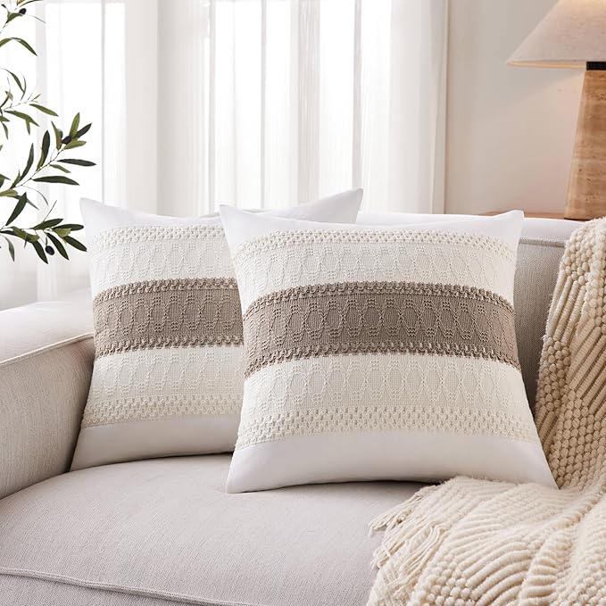 2pk Boho Pillow Covers 16x16, Natural White/Contrast/Cocoa Brown | 100% Organic Cotton Body, Stripe Embroidery, Farmhouse Decorative Cushion Covers for Sofa Bed Living Room Home Decor