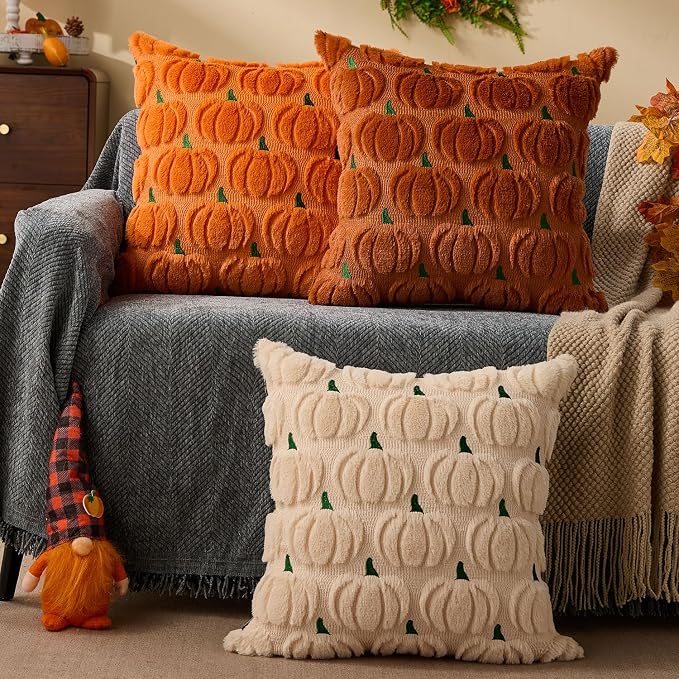 DFXSZ Fall Pillow Covers 20x20 2Pcs Orange Green Pumpkin Fall Decorations | Fall decor Set of 2 Throw Pillow Cases Soft Plush Faux Fur Wool Couch Cushion for Chair Sofa Bedroom Living Room Home Decor