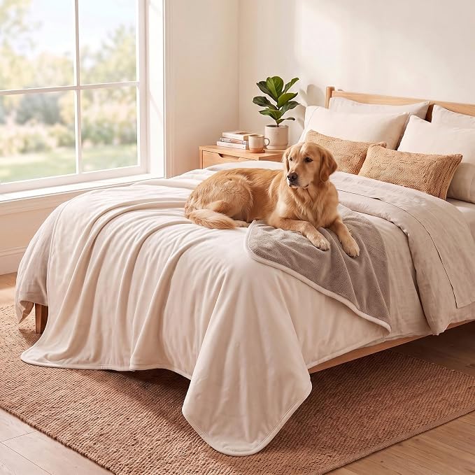 Waterproof Blanket - Reversible Dog Throw as Furniture Protector | Soft Velvet & Flannel, TPU Leak-Proof Liner, Machine Washable, Fits Couch and Bed, 82" x 120", Beige/Khaki