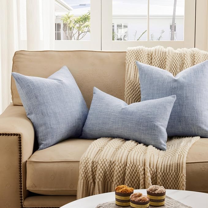 Rustic Linen Throw Pillow Covers Set of 2, Blue 18x18in | Textured Pillow Case, Rustic Cotton Linen Fabric, Modern Farmhouse Cushion Covers for Sofa Bed Living Room Home Decor
