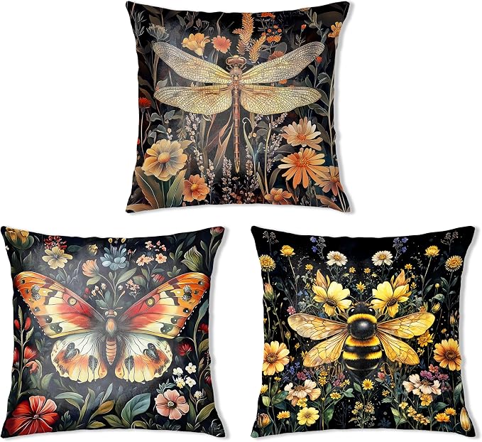 Vintage Dark Dragonfly Bee Butterfly Pillow Covers 18x18 Double-Sided Set of 3,Insect Gifts for Women,Vintage Dark Cottagecore Floral Botanical Insects Decorative Throw Pillow Covers for Home