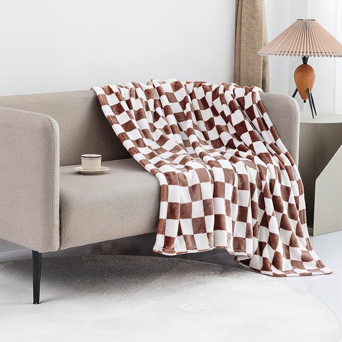 LOMAO Throw Blankets Flannel Blanket with Checkerboard Grid Pattern Soft Throw Blanket for Couch, Bed, Sofa Luxurious Warm and Cozy for All Seasons (Coffee, 60"x80")