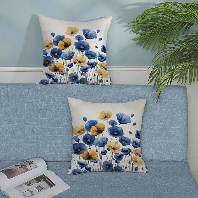Spring Floral Pillow Covers 18x18 Set of 2 Blue Yellow Flower Decorative Throw Pillow Covers Decoration Summer Seasonal Pillowcase Farmhouse Decorative Cushion Cover For Home Sofa Outdoor Decor