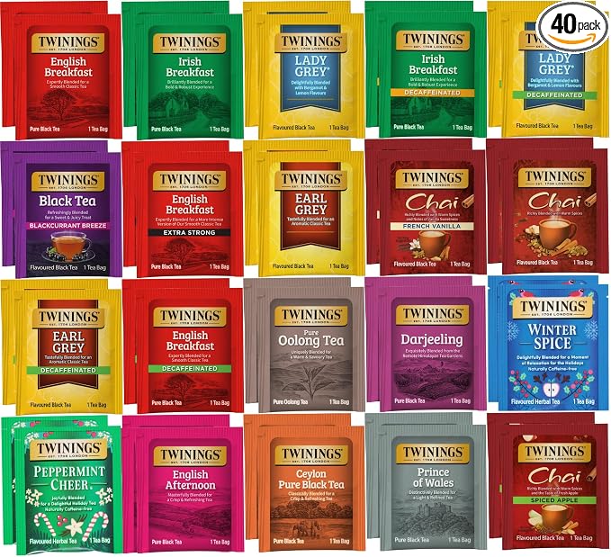 Twinings Assorted Black, Herbal, and Decaf Tea Bag Sampler (40 Count) 20 Flavour Boxed Variety Gift Set