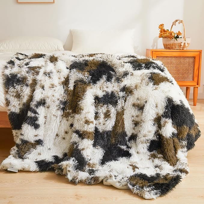 XeGe Luxury Faux Fur Throw Blanket, Soft Cow Print Big Fluffy Bed Blanket, Shaggy Plush Decorative Couch Blanket, Cute Furry Animal Print Fuzzy Blanket for Bedroom Living Room, Cow Brown, 60x80