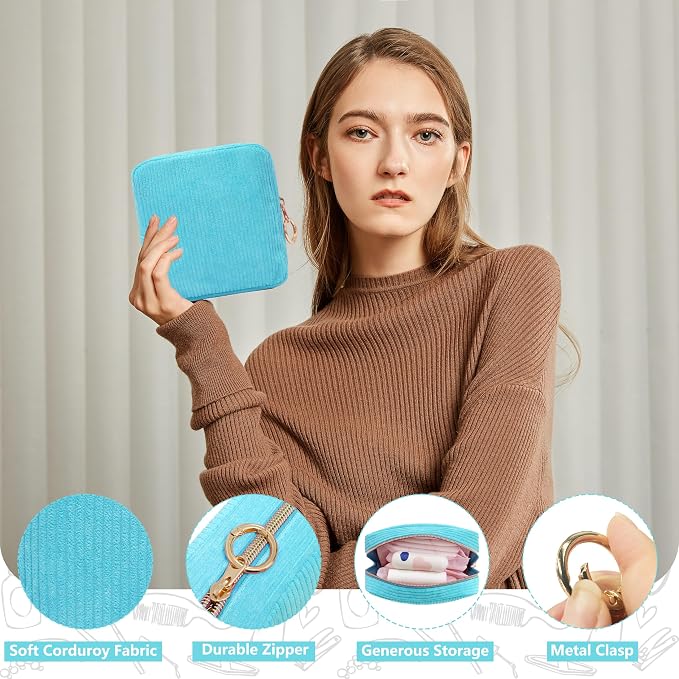 Period Bag for Girls, Corduroy Period Kit with Sanitary Pad Pouch, Menstrual Storage Bag and Tampon Holder for Purse, Girls School Essentials,Feminine Care Organizer(Sky Blue)