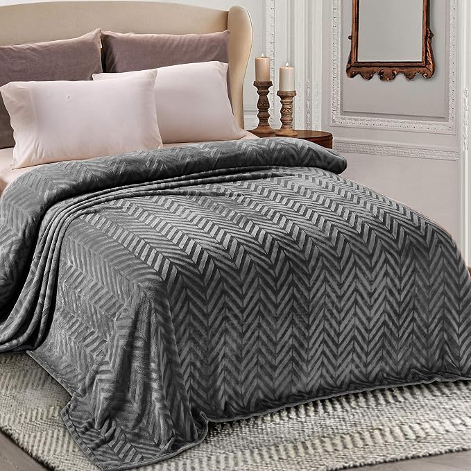 Whale Flotilla Flannel Fleece Fall Bed Blanket King Size, Dark Grey | Lightweight Breathable Soft Bedspread, Plush Fluffy Coverlet Chevron Design Decorative Blanket for Home Life, 90x104 Inch