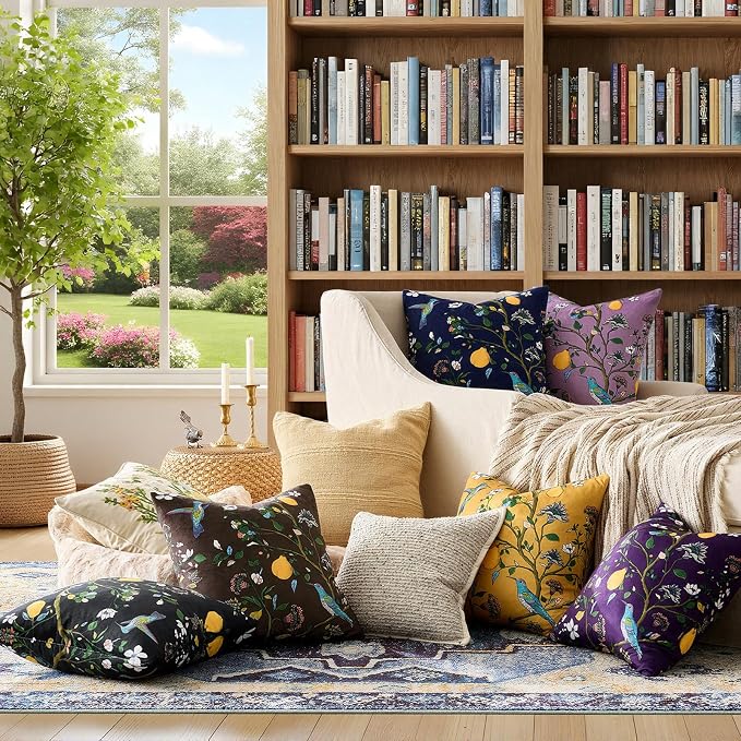 MUSSEL Plum Purple Floral Vintage Decorative Pillow Covers 18x18 Set of 2 | Soft Velvet,Wild Flower Plant,Throw Pillows Case,Square,Colorful Farmhouse Cushion Covers,Home Sofa Bed Couch Decor