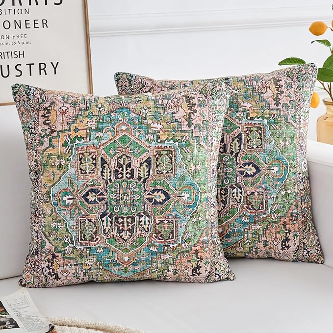 Boho Throw Pillow Covers 20x20 inch Set of 2,Boho Vintage Carpet Pattern Antique Ethnic Decor Double Sided Pattern Cushion Cover Soft Pillow Case Living Sofa Room Bed Square Pillow Cover