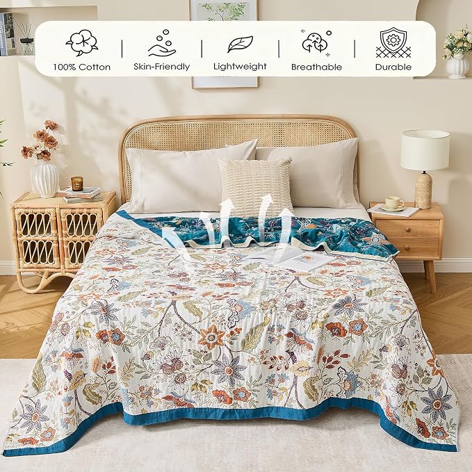 VANJOROY Boho Throw Blanket, 100% Organic Cotton Breathable Skin-Friendly Ultra Soft Bed Quilt Throw - All Season Floral Farmhouse Décor Luxury Blanket for Sofa Couch Chair and Gift. 60" x 80"