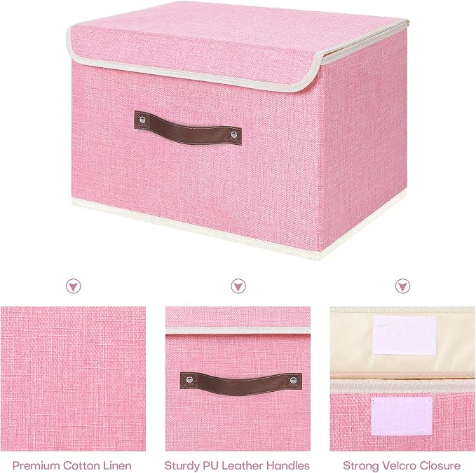 ANMINY Fabric Storage Box Bins with Lids, Pink, 15"x10"x10", 2 Pack | Keepsake Memory Storage, Cotton Linen, PP Board Reinforced, Washable, PU Handles, Foldable & Stackable, Decorative, Large