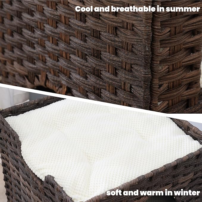 Cat Bed for Indoor Cats, a Stylish Cat Hideaway & Cat House - Handwoven Rattan Cat Cave Bed with Soft Cushion, Foldable Cat Cubes for Indoor Cats, Sturdy Cat Perch & Furniture Coffee Brown