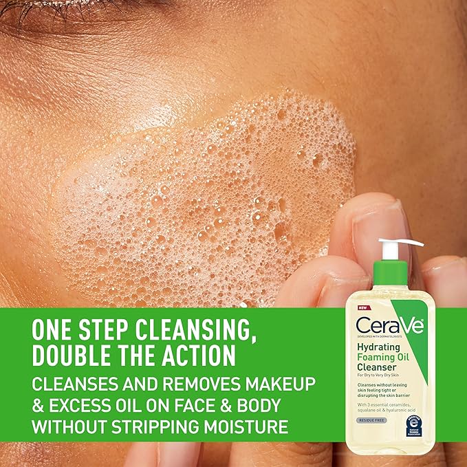 CeraVe Hydrating Foaming Oil Cleanser, Moisturizing Cleanser for Face & Body, Squalane Oil + Hyaluronic Acid + Ceramides, For Dry to Very Dry Skin, Fragrance Free & Residue Free, 8 FL Oz