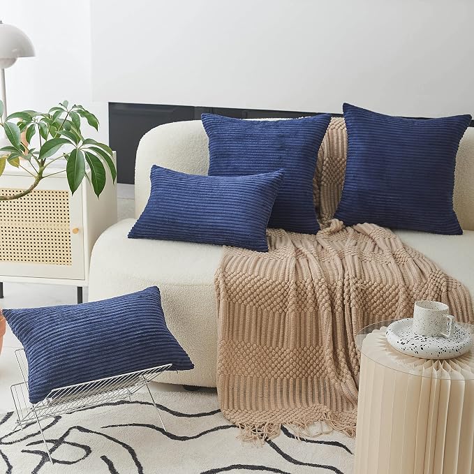 Home Brilliant Striped Textured Velvet Corduroy Decorative Europe Sham Throw Pillow Cushion Cover for Couch Bedroom, Navy Blue, (66x66 cm, 26inch)