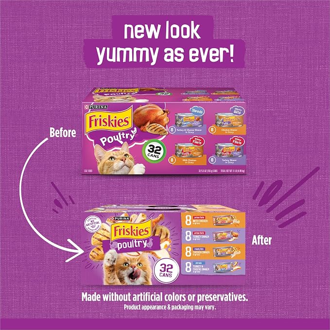 Friskies Purina Gravy Wet Cat Food Variety Pack, Poultry Shreds, Meaty Bits and Prime Filets - 5.5 oz. Cans (Pack of 64)