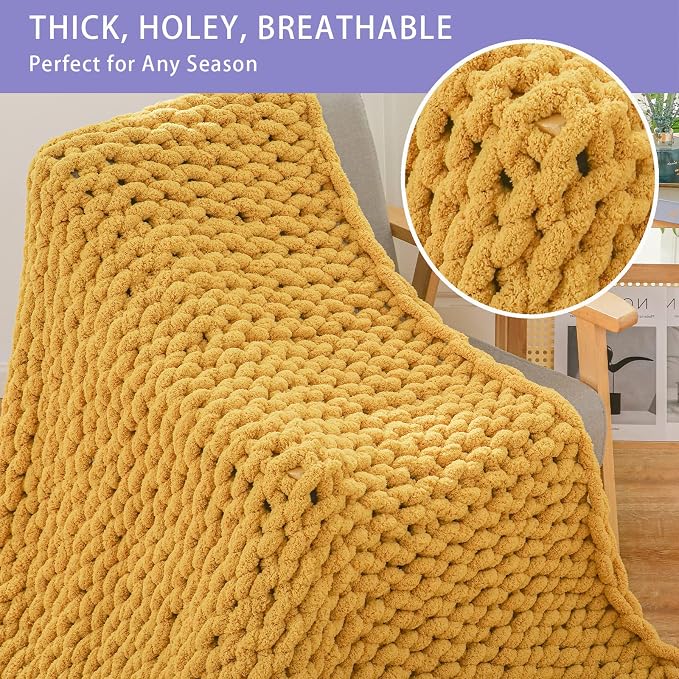 Bigacogo Chunky Knit Throw Blanket for Couch, 51x63 inches, Mustard Yellow | Hand Knit with Jumbo Chenille, Soft Breathable Cable Knit for Sofa Bed Living Room, Machine Washable, Gift for Mom Friend