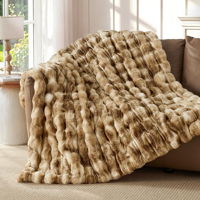 Luxury 1000GSM Rabbit Faux Fur Blanket, Super Warm Cozy Brown Blankets for Couch Bed Sofa, Ruched Plush Fuzzy Elegant Soft Reversible Mink Blanket Living Room Bedroom, 50" x 60",Leopard Brown