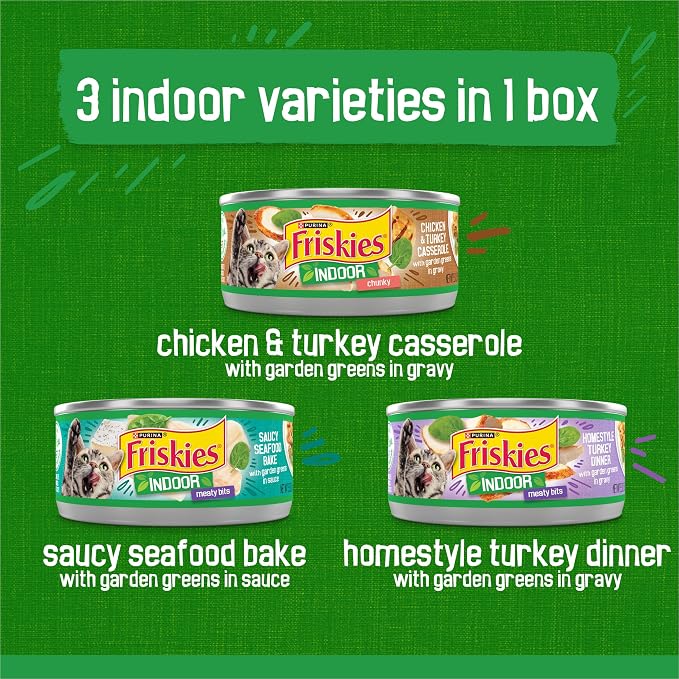 Friskies Purina Indoor Cat Food 24ct VP - (Chicken and Turkey Casserole, Saucy Seafood Bake, Homestyle Turkey Dinner) - 5.5 oz. Cans (Pack of 48)