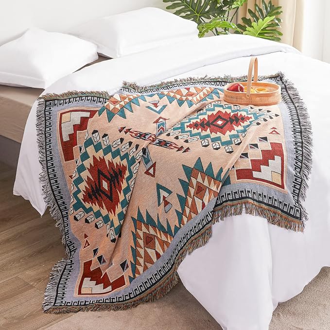 Native American Blanket Boho Throw Blanket for Sofa and Bed, Mexican Decorative Farmhouse Blanket, Southwest Decor Woven Blankets, Aztec Throw Blankets Bohemian with Tassel(Brown,50×60 inch)