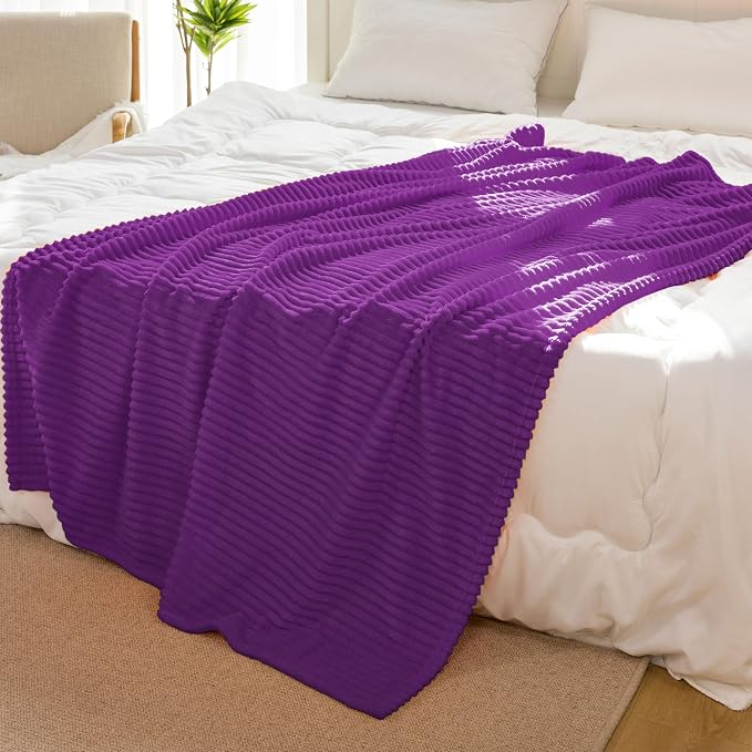 Vessia Flannel Fleece Twin Blanket for Couch,Sofa,Bed, 300GSM Striped 60x80inch Purple Blanket for Adults and Kids, Super Soft Warm Cozy Lightweight Ribbed Throw for All-Season