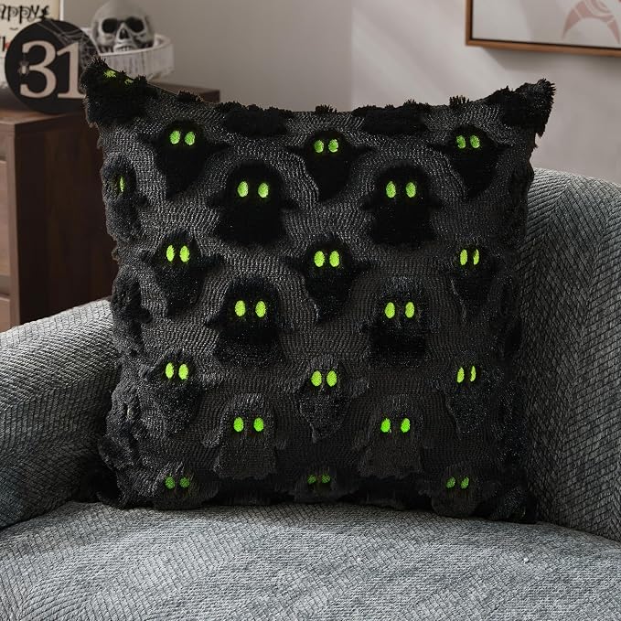 DFXSZ Halloween Pillow Covers 18x18 inch 2Pcs Black Ghost Halloween Decor | Halloween Decorations Set of 2 Throw Pillow Cases Plush Faux Fur Wool Cushion for Chair Sofa Bedroom Living Room Home Decor