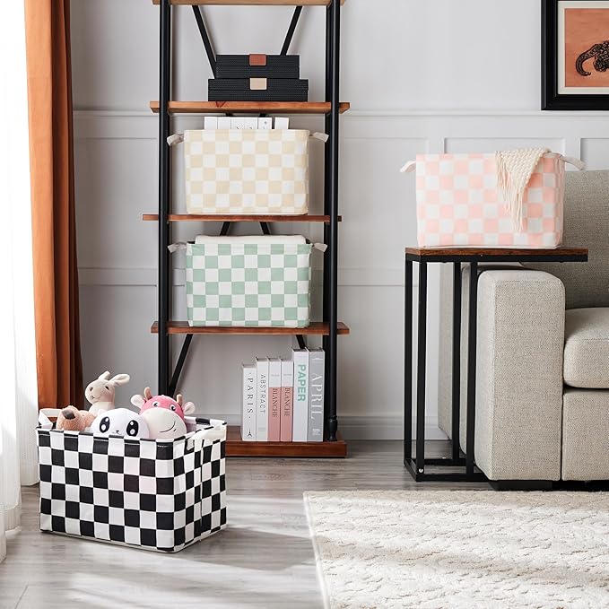 Ohocut Sage Green Checkered Canvas Basket, Rectangular Organizing Decorative Storage Basket for Kids, Dog Toy, Cute Aesthetic Checkered Room Decor for Home, Kitchen, Bedroom, Classroom, Shelves