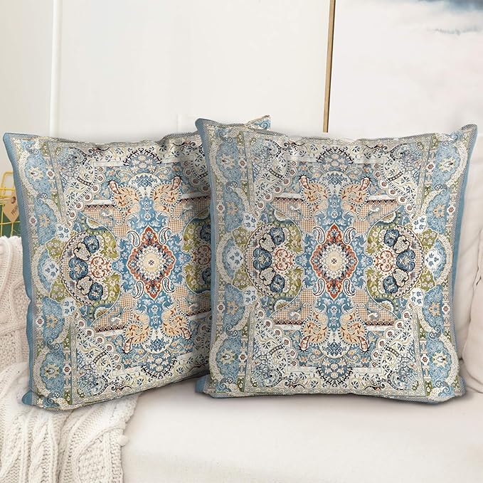 Boho Floral Throw Pillow Covers 18x18 inch Set of 2,Blue Boho Rug Geometric Floral Pattern Decor Double Sided Pattern Cushion Cover Soft Pillow Case Living Sofa Room Bed Square Pillow Cover