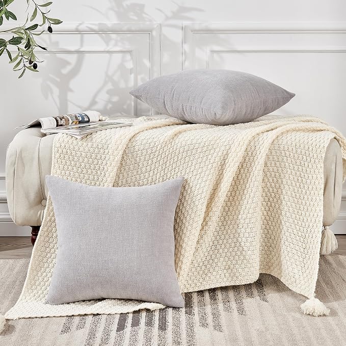 GAWAMAY Decorative Chenille Throw Pillow Covers 24x24 Inch Pack of 2, Soft Square Couch Pillow Cover for Sofa Cushion Living Room Bedroom Solid Dyed Pillowcases Light Grey 60x60cm (ONLY Covers)