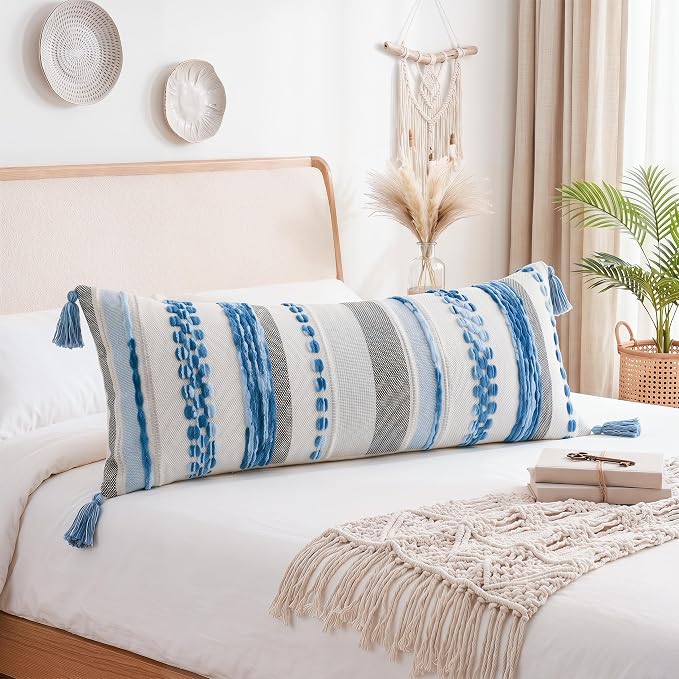 PANOD Boho Long Lumbar Throw Pillow Cover 16 x 36 Blue, Chenille Morocan Extra Long Pillow Case Cover, Decorative Long Pillow for Bed Couch Sofa Farmhouse