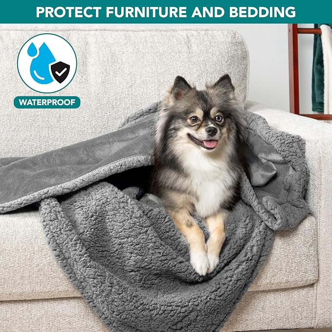 PetAmi Waterproof Dog Blanket for Small Dog Puppy Cat, 29x40, Light Grey | 460 GSM Sherpa Fleece Reversible, Pee Proof Pet Blanket, Furniture Protector Cover for Couch Sofa Kennel, Washable