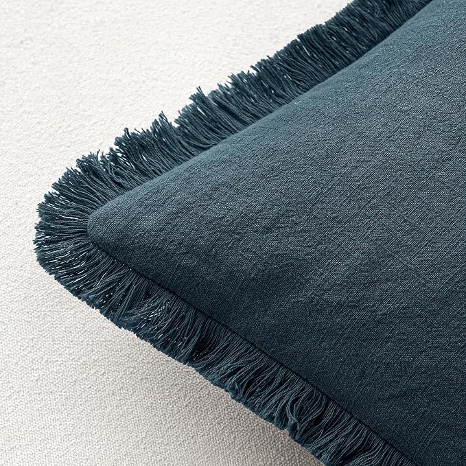 MIULEE Linen Fringe Decorative Euro Throw Pillow Covers Navy Blue 24x24 | Set of 2, Cottagecore Decor, Boho Farmhouse Coastal Pillow Covers, Rustic Couch Cushion Cases for Sofa Bed Living Room