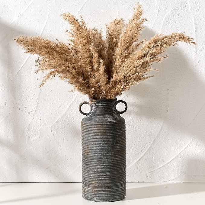 Vaseking Ceramic Rustic Vase with 2 Round Handles, Antique Farmhouse Flower Vase, Vintage Terracotta Vases for Home Decor, Wedding, Living Room, Table, Shelf Decor - 10.2 Inch Tall, Black Bronze