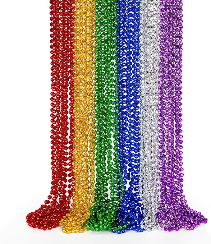 Mardi Gras Beads, 24PCS Metallic Colorful Bead Necklace Party Favors, 6 Kinds of 33" Beaded Necklace Costume Women Men Stuff, Festival Parade Throw Accessories for Wedding Birthday Celebrations