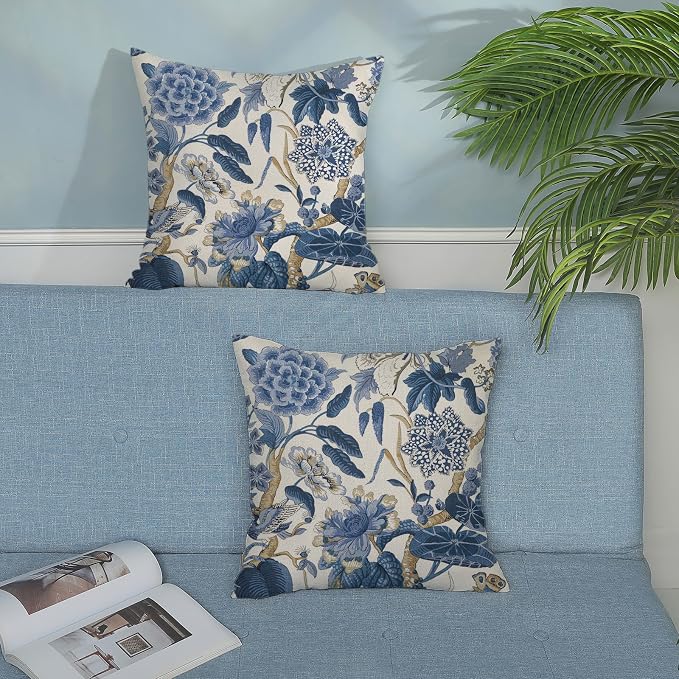 Blue Floral Pillow Covers 18x18 Set of 2 Vintage Floral Throw Pillows Chinoiserie Flower Botantical Decorations Pillowcase Outdoor Decor Linen Farmhouse Cushion Case for Couch Sofa Bed