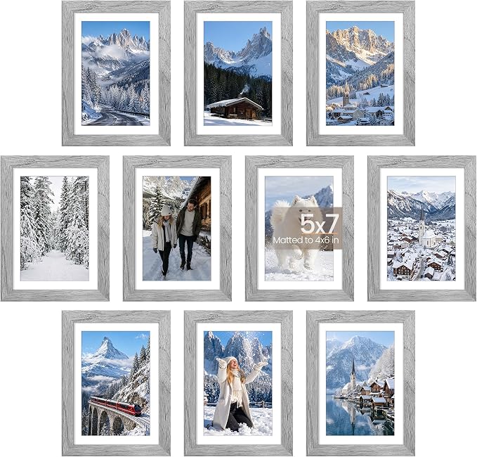 upsimples 5x7 Picture Frame Set of 10, Display Pictures 4x6 with Mat or 5x7 Without, Multi Photo Frames Collage for Wall or Tabletop Display, Gray | Small Frame Fit 4x6 and 5 x 7 Photos, Wall or Tabletop Display, For Gallery Hallway Living Room, For Ch...