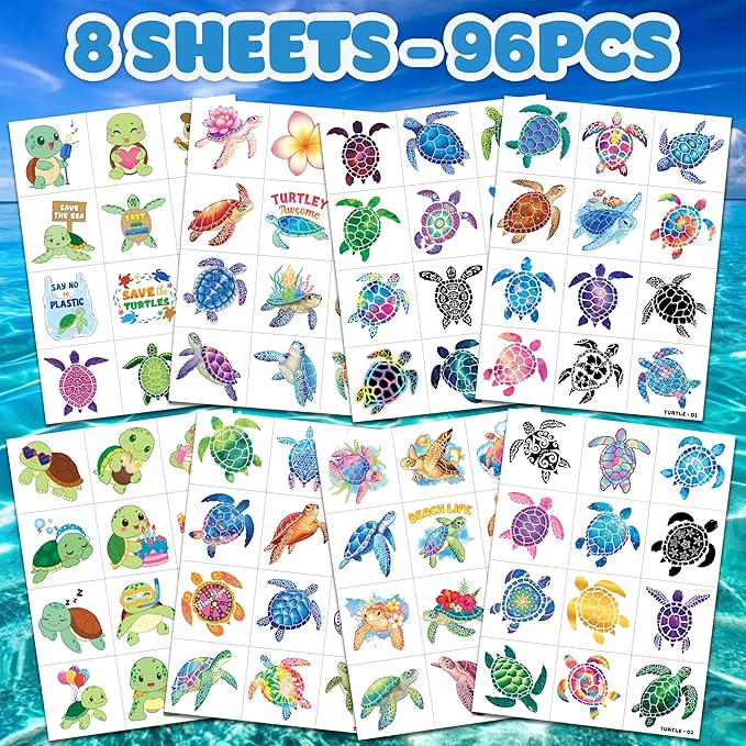96 PCS Turtle Pre-Cut Temporary Tattoos for Kids | Super Cute First Themed Birthday Party Favors, Supplies, Decorations, Cute Ocean Animal Tattoo Stickers (multiple)