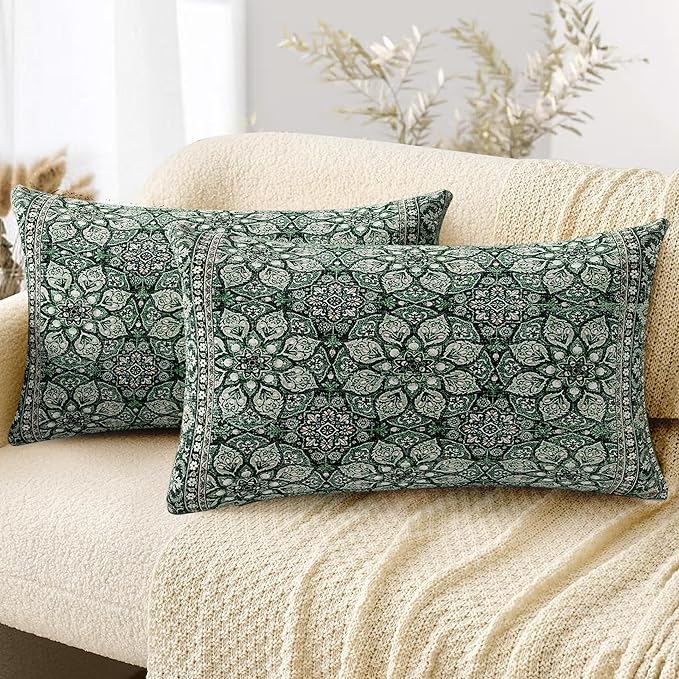 Boho Throw Pillow Covers 12x20 inch Set of 2,Soft Pillowcases Bohemia Carpet Printing Pattern Decorative Sofa Living Room Bed Rectangle Pillow Case Cushion Cover-Green Flower