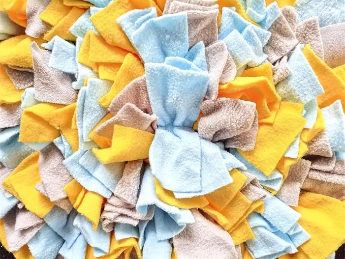 Pet Fleece Snuffle Mat Square Shape Foraging Mats Interactive Feeding Toy Anti Slip Slow Feeder Treat Dispenser for Dog Rabbit Guinea Pig (Grey Blue Yellow)