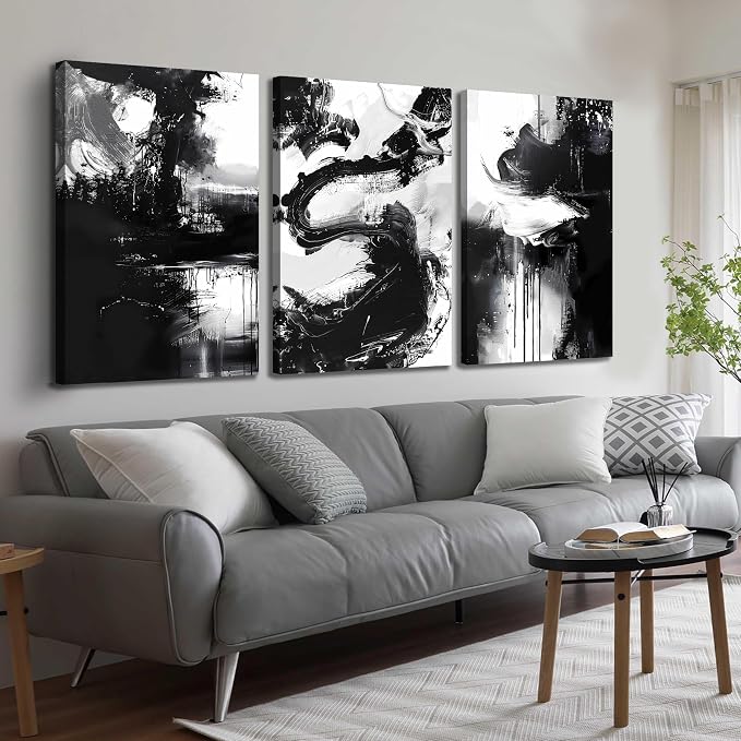 DNIEOTU Abstract Canvas Wall Art for Living Room, Black and White Wall-Decor for Bedroom, Modern Ink - Style Paintings for Hallway Office, Size 24 x 36 Inches 3-Piece