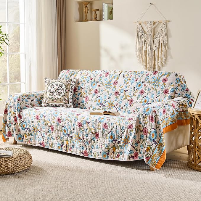 VANJOROY Boho Throw Blanket, 100% Organic Cotton Breathable Skin-Friendly Ultra Soft 50" x 60" Bed Quilt Throw - Floral Rustic Decor Luxury Reversible Blanket for Sofa Couch Chair and Gift,
